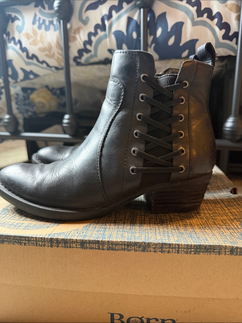 Born Black Leather Lace-Detail Ankle Boots